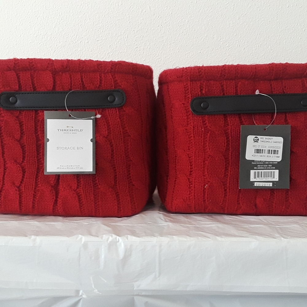 2x Red Knitted Storage Bins Threshold decorative